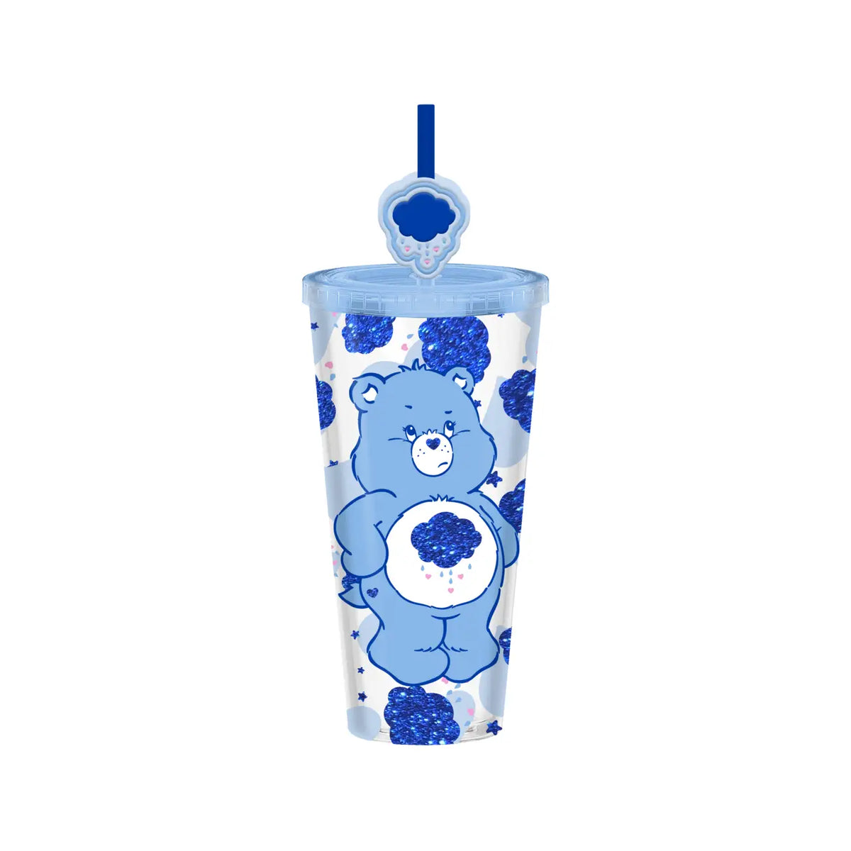 Grumpy Bear Pose Cloud Hearts Glitter 24oz Plastic Cold Cup with Straw